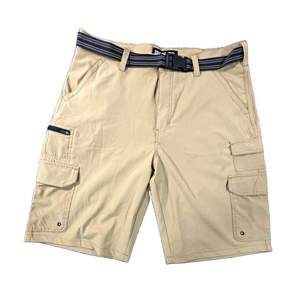Iron Co Hybrid Cargo Shorts Men's 34 Beige Stretch Belted 10" Inseam NWOT